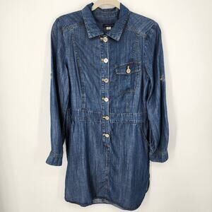 Tommy Hilfiger Chambray Shirt Dress 10 Short Collared Button Front Med Wash Blue
